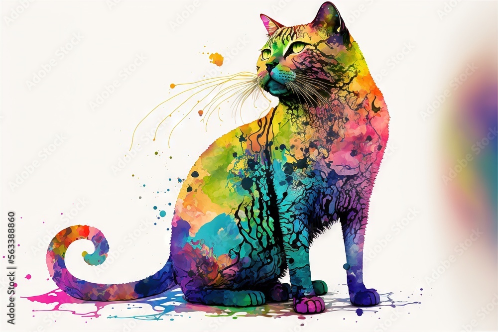  a cat sitting on the ground with its eyes closed and a splattered tail sticking out of its mouth, with a white background with a multi - colored background and a white backdrop. Generative AI