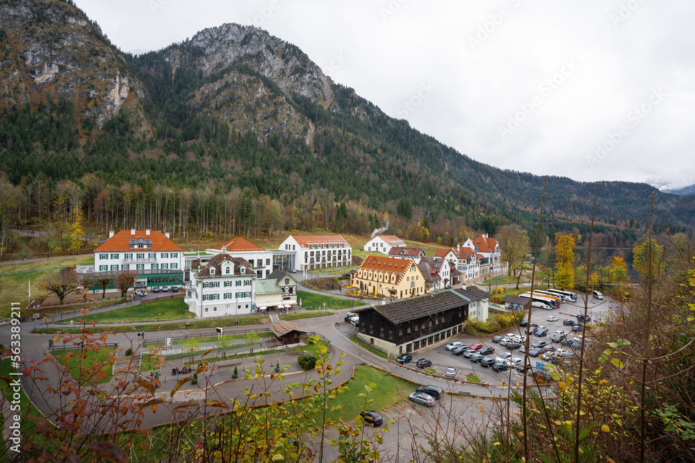 Fototapeta premium Aerial view of Schwangau town near Fussen - Schwangau, Bavaria, Germany