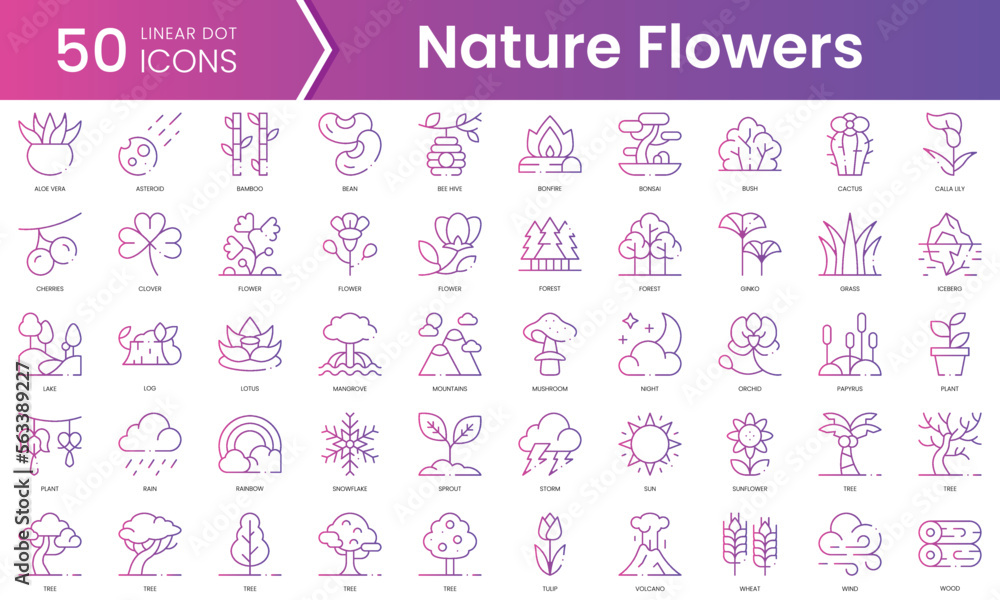Set of nature flowers icons. Gradient style icon bundle. Vector Illustration