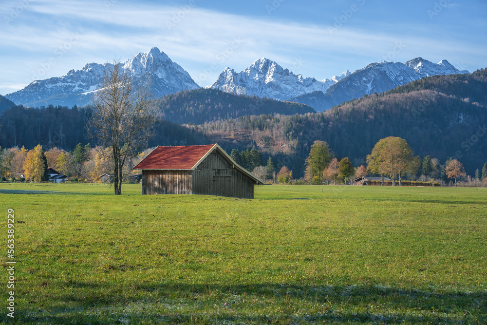Wooden house with red roof on a field with Alps Tannheim Mountains - Schwangau, Bavaria, Germany