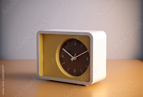  a clock on a table with a white frame and brown face and hands and a yellow face and hands and a white body and a brown face and white body and black clock. Generative AI