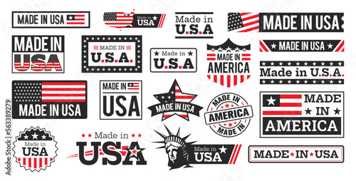 Red and black colored, Large set of Made in USA labels, emblem, sticker, signs, with the statue of liberty. Vector illustration.
 photo
