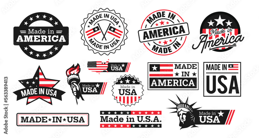 Collection of red and black made in the USA label, stickers, stamps, symbols, and tags with the flag of America and the statue of liberty.
