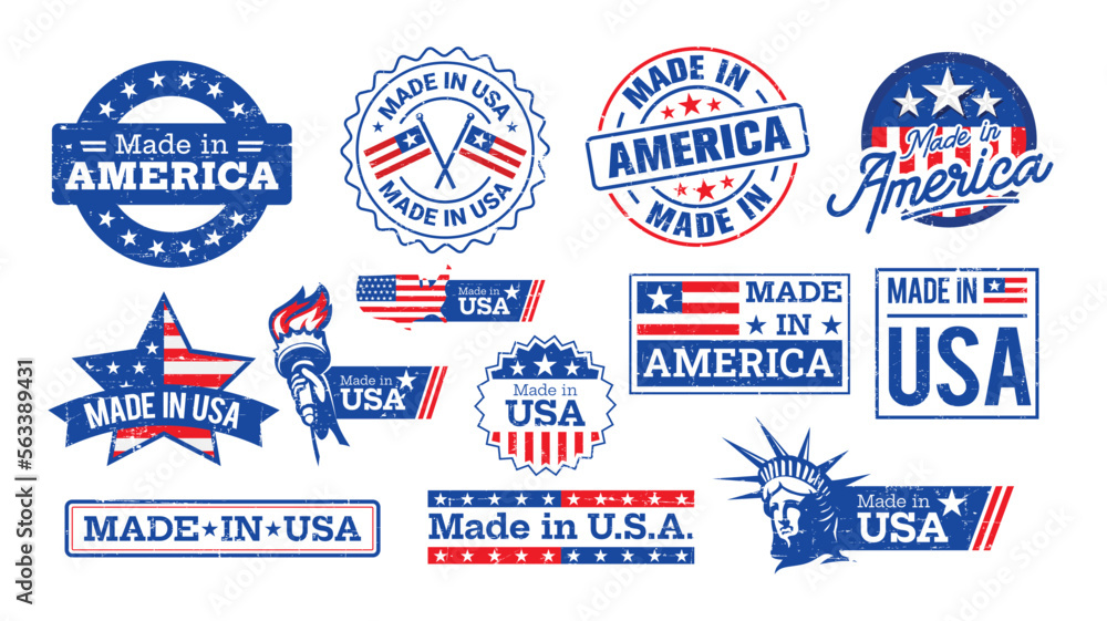 Vetor de Collection of red and blue vintage, grunge made-in-the-USA ...