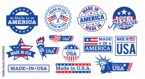 Collection of red and blue made in the USA label, stickers, stamps, symbols, and tags with the flag of America and the statue of liberty.

