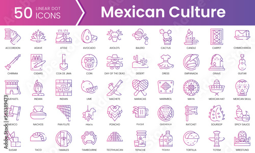Set of mexican culture icons. Gradient style icon bundle. Vector Illustration