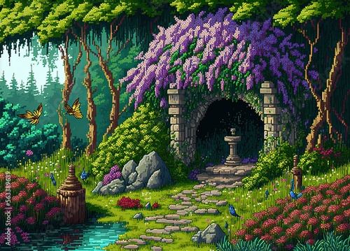 Pixel art fantasy garden in magic forest, mystical garden, background in retro style for 8 bit game, Generative AI