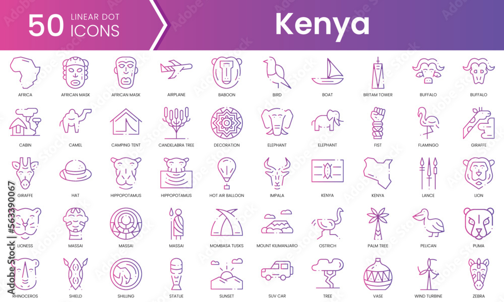 Set of kenya icons. Gradient style icon bundle. Vector Illustration