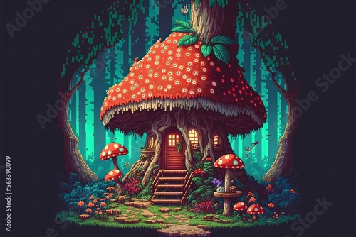 Pixel art mushroom house in fantasy world, enchanted forest with giant mushrooms, background in retro style for 8 bit game, Generative AI