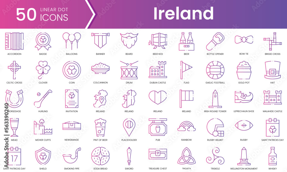 Set of ireland icons. Gradient style icon bundle. Vector Illustration