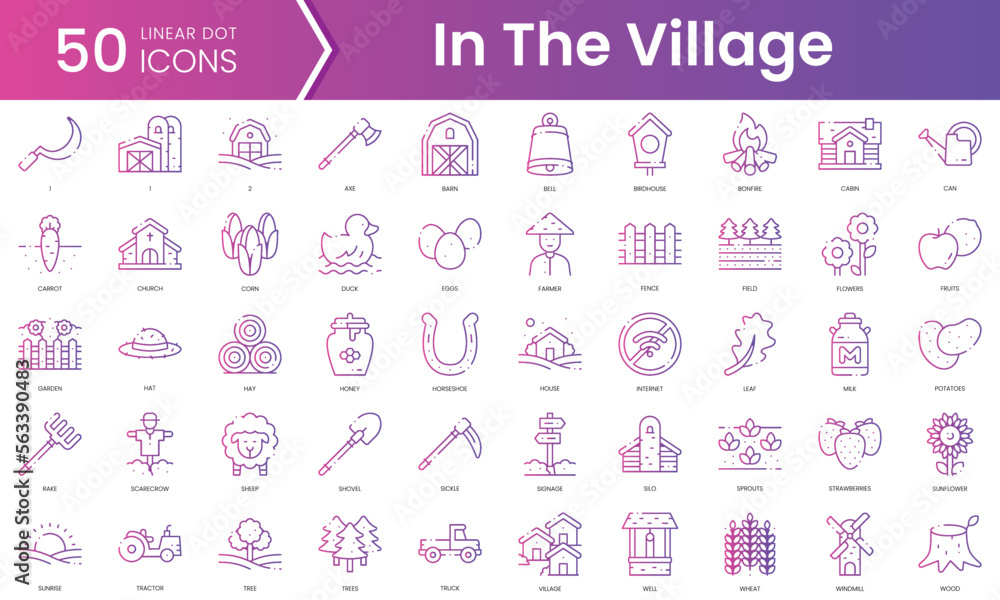 Set of in the village icons. Gradient style icon bundle. Vector Illustration