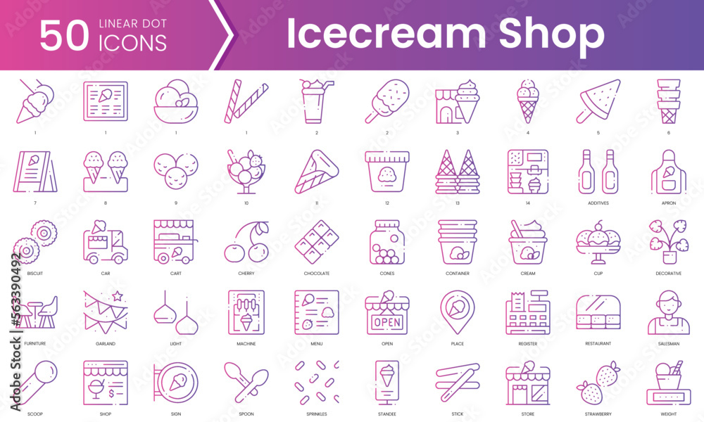 Set of icecream shop icons. Gradient style icon bundle. Vector Illustration