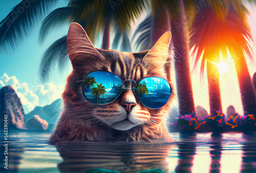 Cat on the sea in sunglasses. Generative AI,