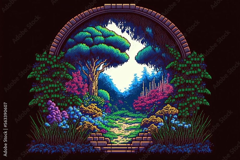 Pixel art fantasy garden in magic forest, mystical garden, background in retro style for 8 bit game, Generative AI Pixel art fantasy garden in magic forest, mystical garden, background in retro style for 8 bit game, Generative AI