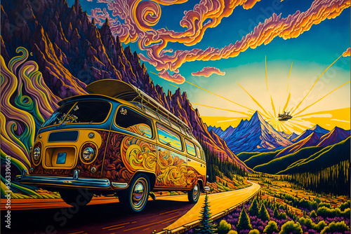 Volkswagen T1 Bulli - psychedelic vanlife with a surreal hippie camper van in the desert фототапет