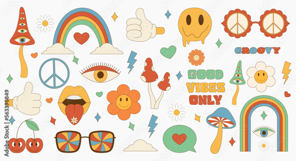 Big set of items 70s. Retro icons in trendy 70s style. Vector icons: lips,video cassette,heart,daisy,flower, 3d glasses,lollipos,rainbow,smile face,mashrooms.Vector illustration