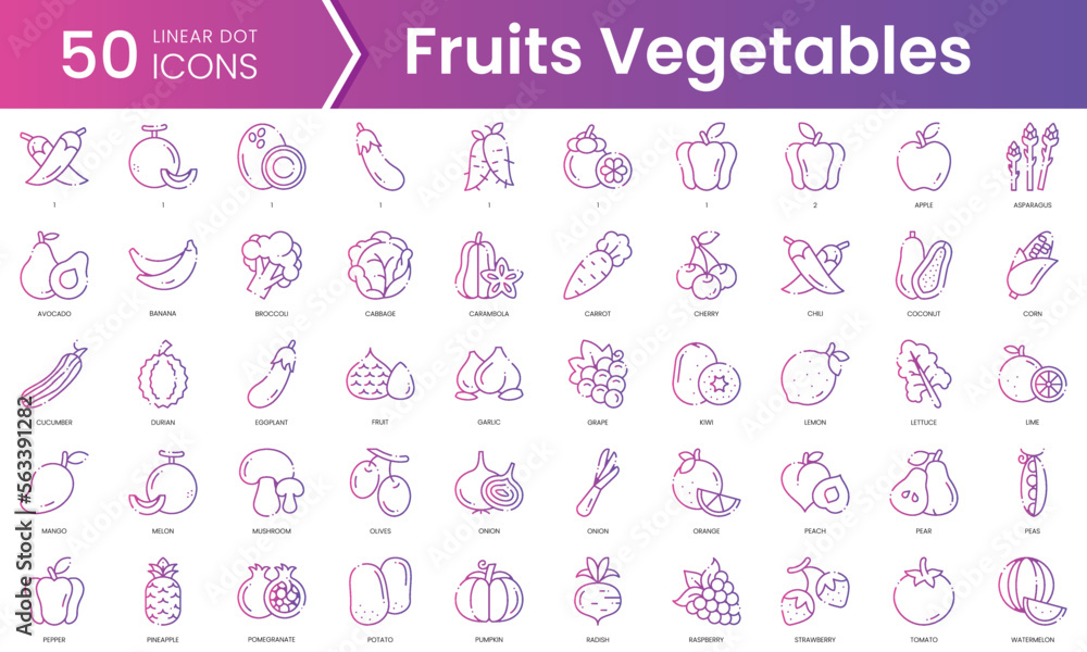 Set of fruits vegetables icons. Gradient style icon bundle. Vector Illustration