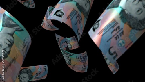 AUD. Falling   Australian dollar banknotes money with alpha channel in 4k resolution
Concept background of economy, banking, business, crisis
 photo