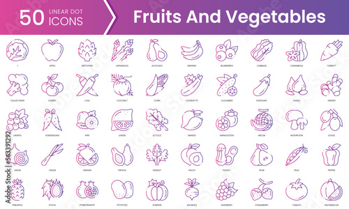 Set of fruits and vegetables icons. Gradient style icon bundle. Vector Illustration