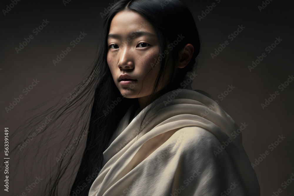 Close-up profile portrait of a young beautiful Tibetan / Asian woman with long windswept hair on a dark background, not based on a real person, Generative AI