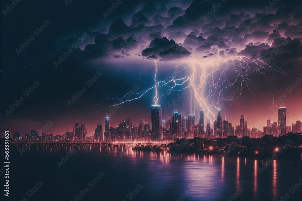  a city skyline with a lightning storm in the sky and a city skyline in the background with a lake and a bridge in the foreground with a lot of lightning and a lot of.  Generative AI