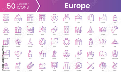 Set of europe icons. Gradient style icon bundle. Vector Illustration