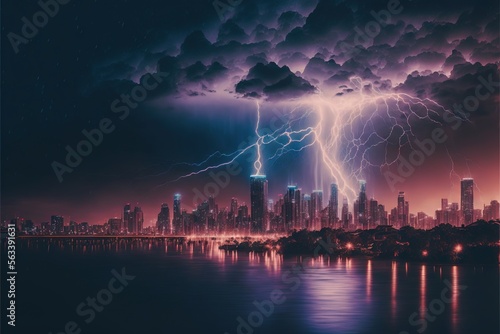  a city skyline with a lightning storm in the sky and a city skyline in the background with a lake and a bridge in the foreground with a lot of lightning and a lot of. Generative AI