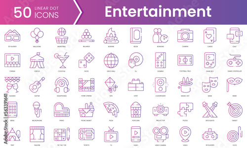Set of entertainment icons. Gradient style icon bundle. Vector Illustration