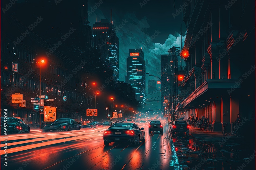a city street filled with traffic at night time with tall buildings and ...