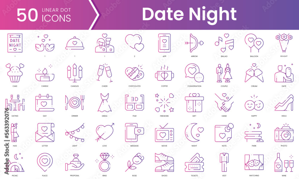 Set of date night icons. Gradient style icon bundle. Vector Illustration