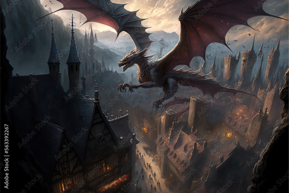 Obraz dragon flying over a medieval city, with houses and towers below