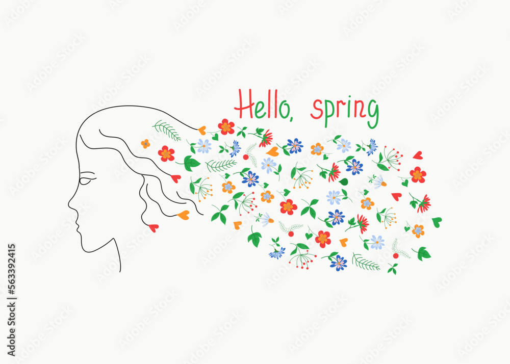 The face of a woman, a girl with long hair with flowers. Spring, text, greeting. Silhouette, abstract portrait of a young woman, springtime. Vector illustration with lettering. The face of a woman, a girl with long hair with flowers. Spring, text, greeting. Silhouette, abstract portrait of a young woman, springtime. Vector illustration with lettering.