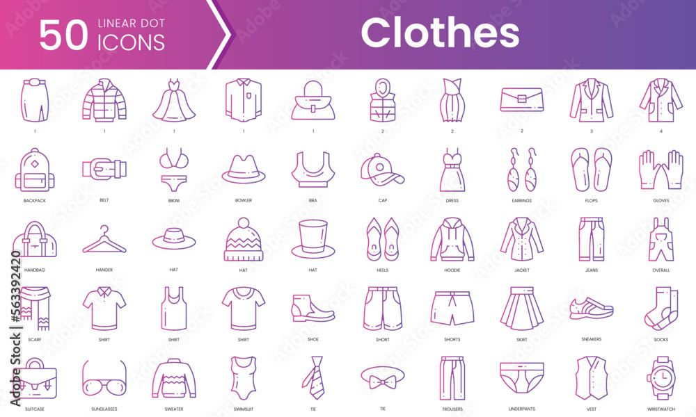 Set of clothes icons. Gradient style icon bundle. Vector Illustration