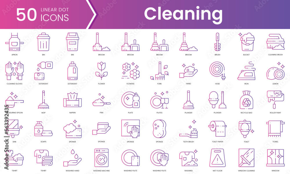 Set of cleaning icons. Gradient style icon bundle. Vector Illustration
