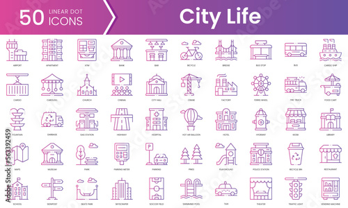 Set of city life icons. Gradient style icon bundle. Vector Illustration