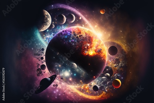  a space scene with planets and stars in the background, and a black background with a blue and yellow hued sky and a red and yellow hued area with a black circle with a. Generative AI