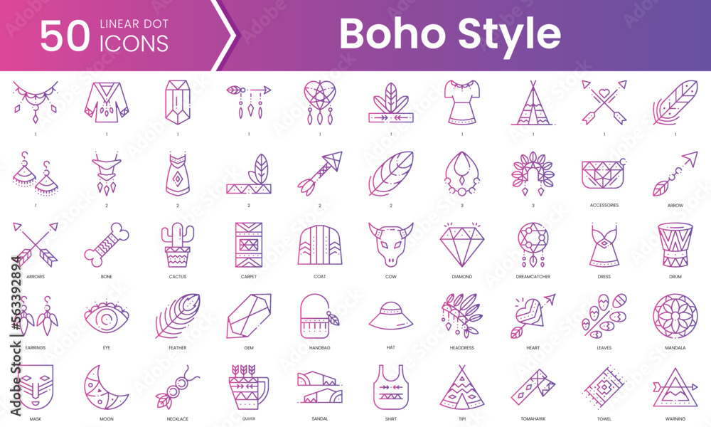 Set of boho style icons. Gradient style icon bundle. Vector Illustration