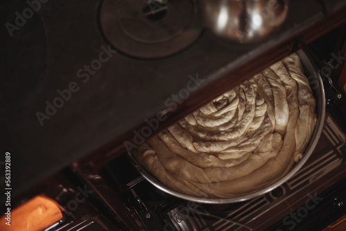 Roll pastry cooked in a wood stove. Title: on a white background Turkish Tepsi Boregi, Round Borek, Tray pastry (Turkish name; rulo borek)
