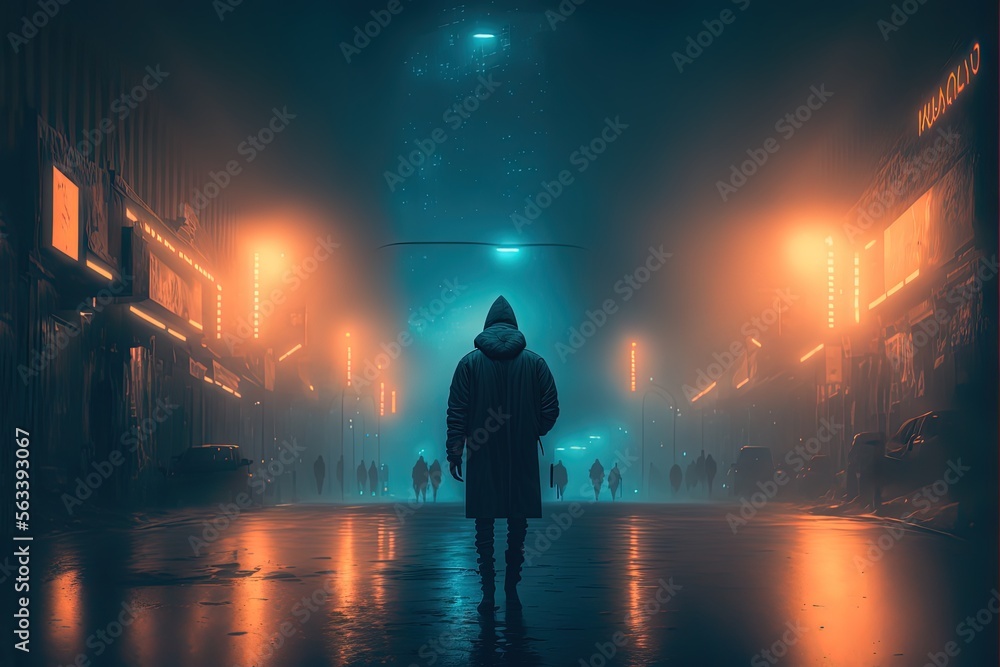lonely silhouette in the fog of the night street