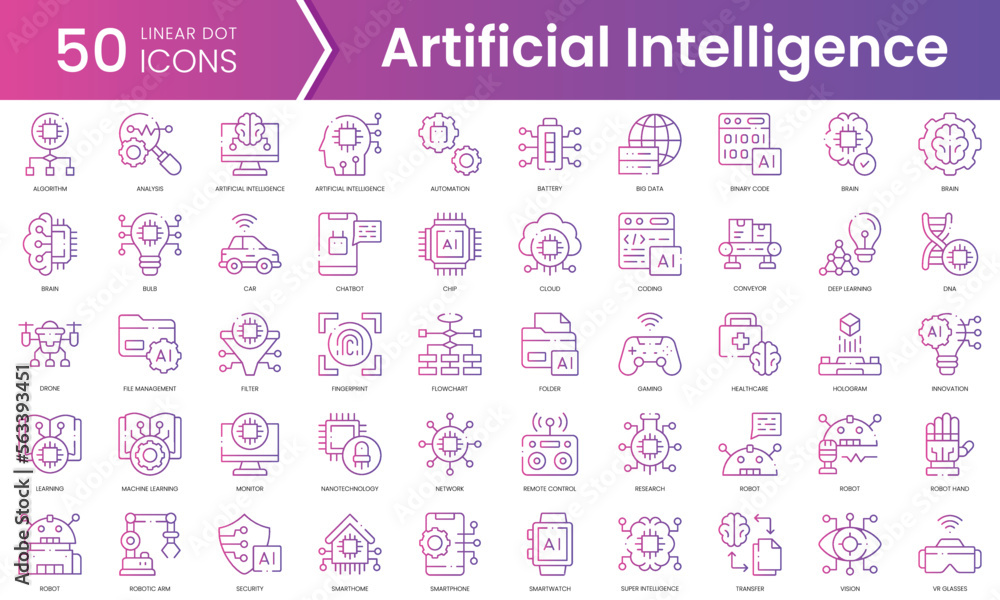 Set of artificial intelligence icons. Gradient style icon bundle. Vector Illustration