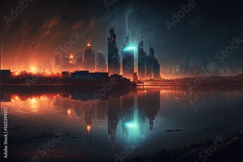  a city skyline with a lot of tall buildings and a lake in front of it at night time with bright lights shining on the water and a city skyline with skyscrapers in the background. Generative AI
