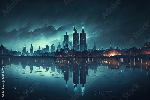  a city skyline with a large body of water in front of it at night time with a dark sky and clouds above it and a city lit up with lights and reflecting in the water. Generative AI