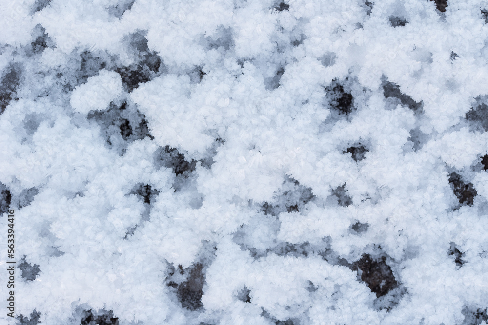 Snow as background, closeup view. Winter weather. Spring grainy blue snow background