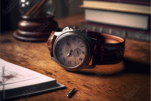  a watch sitting on a table next to a pen and a book on a table top with a pen and a book on it and a pen on a table with a book and a.