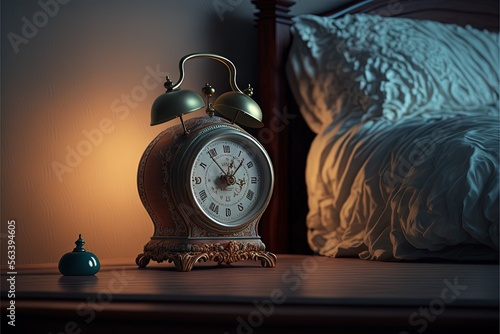  a small clock sitting on a table next to a bed with a pillow on it and a night stand with a lamp on it next to it and a bed with a pillow on the. Generative AI