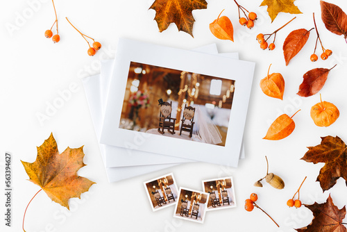 autumn leaves in the frame Wedding photo