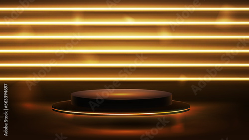 Gold empty podium floating in the air in dark scene with gold horizontal line neon wall