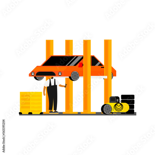 Cartoon characters of motor vehicle mechanic at service.