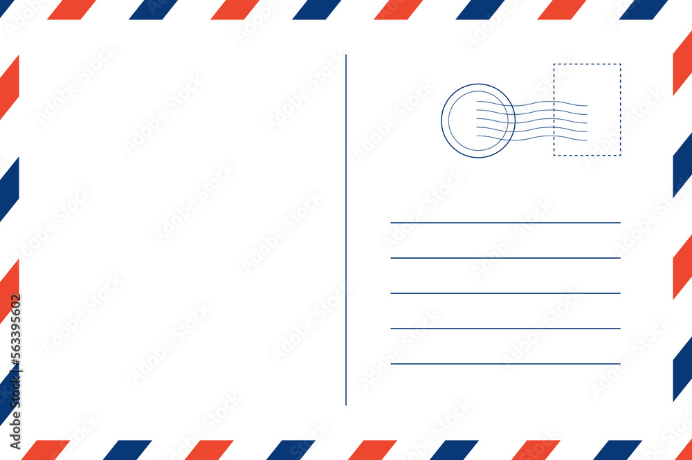 Obraz premium Mail envelope with postage stamp, postage card. Empty postcard template. Design of blank post card back