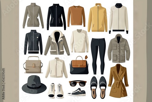  a poster of a variety of clothing and shoes on a white background with a brown frame and a white background with a brown frame and white border with a black border and a white border. Generative AI